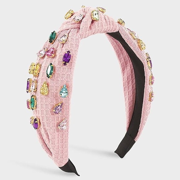 20. Pink Multi Stone Embellished Knot Lace Headband - Picture 1 of 10